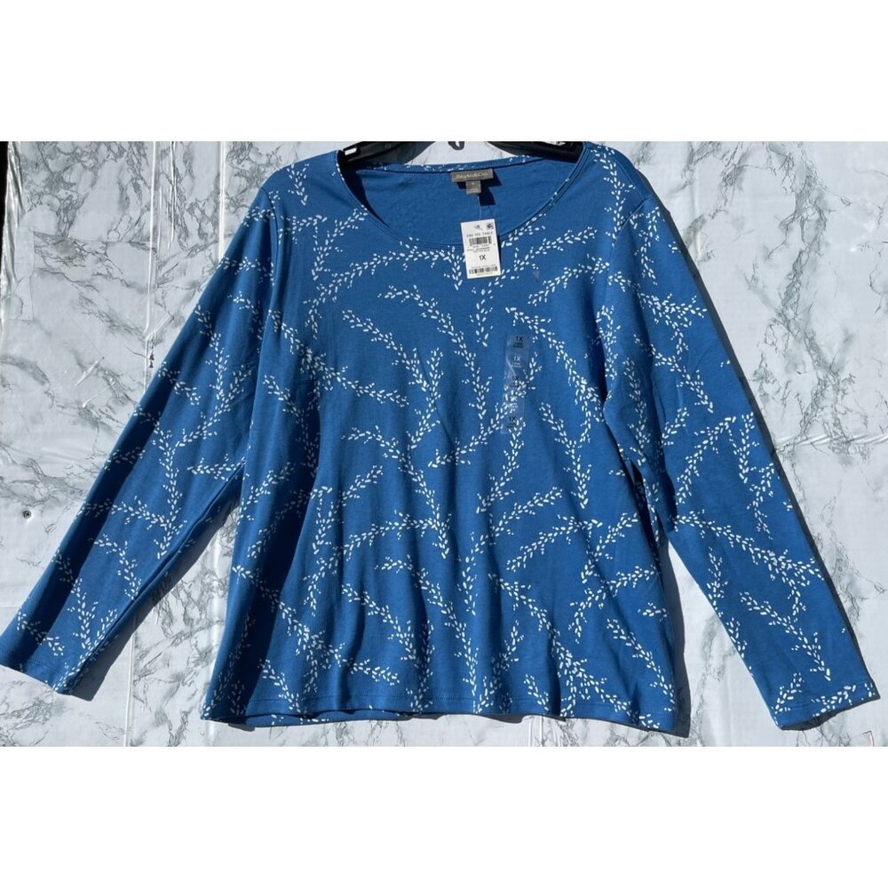Style & Co Womens 1X Long Sleeve Dotted Blue Top Lightweight Cotton Blend